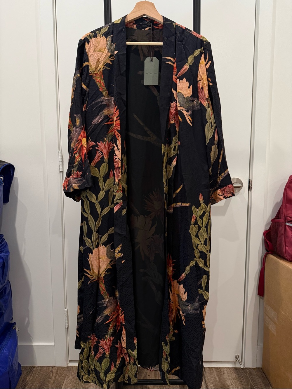 Allsaints Floral Kimono Robe - Black with Pink & Green Floral Print